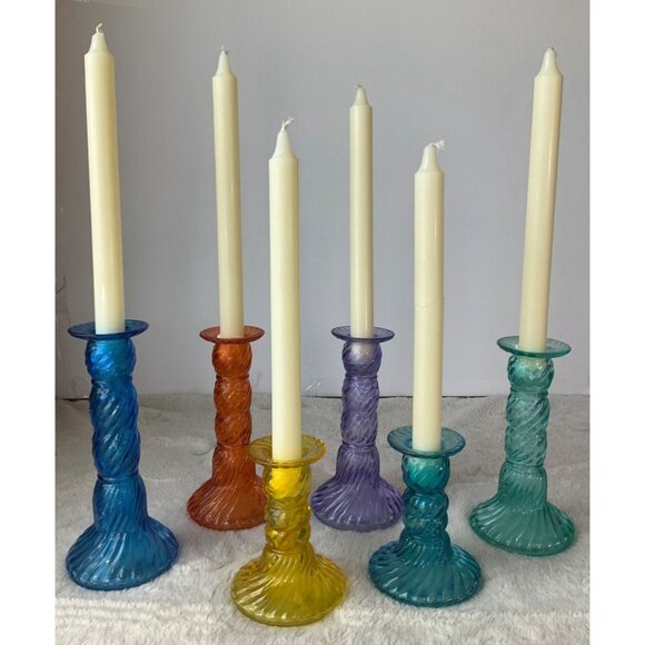 Vintage May Department St. Rainbow colorful glass candle stick holders set of 6 - Picture 2 of 16